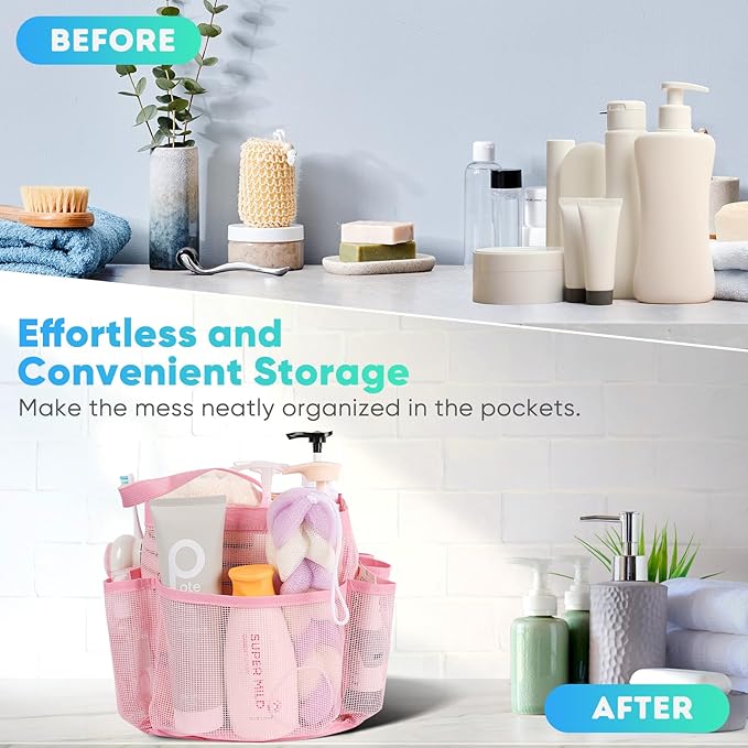 EUDELE Mesh Shower Caddy Portable for College Dorm Room Essentials,Portable Shower Caddy Dorm with 8-Pocket Large Capacity, Shower Bag for Beach, Swimming, Gym, Travel essentials, Pink