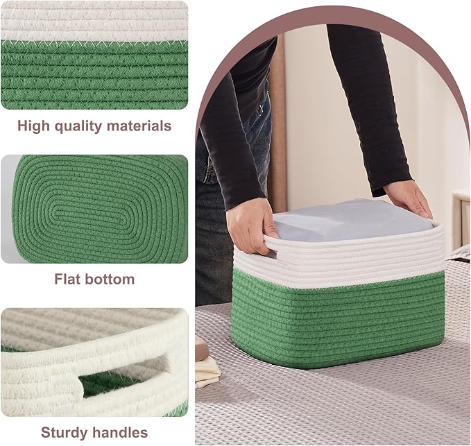 OIAHOMY 4 Pack Storage Baskets for Organizing, Basket for Shelves with Handle, Woven Baskets for Storage Toys, Towels, Books, Cotton Rope Basket 13" L x 9 " W x 7.8 " H, Olive Green & White