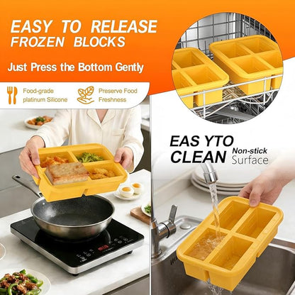 Bangp Silicone Freezer Tray for Soup Ice Cubes,1-Cup Freezing Tray with Lid for Meal Prep,Rice,Broth,Sauce,Leftovers. Makes 4 Perfect 1 Cup Portions. Oven & Dishwasher-Safe