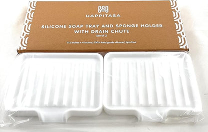 Silicone Soap Dish Tray and Sponge Holder with Drain Chute, Rectangular, Kitchen and Bathroom Sink Organizer (White, 5.2"x4" (Set of 2), 7.2 Ounces)