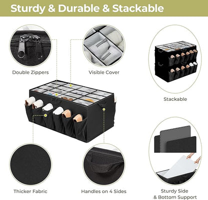 Extra Large Shoe Organizer for Closet, Fits up to 28 Pairs, Fabric Shoe Box Storage Containers with Adjustable Dividers and Clear Cover, Black, 1 Pack