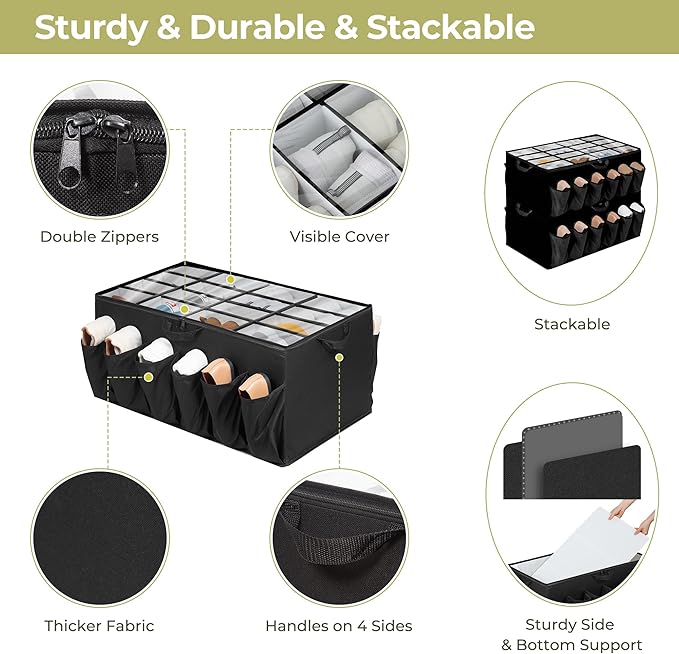 Extra Large Shoe Organizer for Closet, Fits up to 28 Pairs, Fabric Shoe Box Storage Containers with Adjustable Dividers and Clear Cover, Black, 2 Pack
