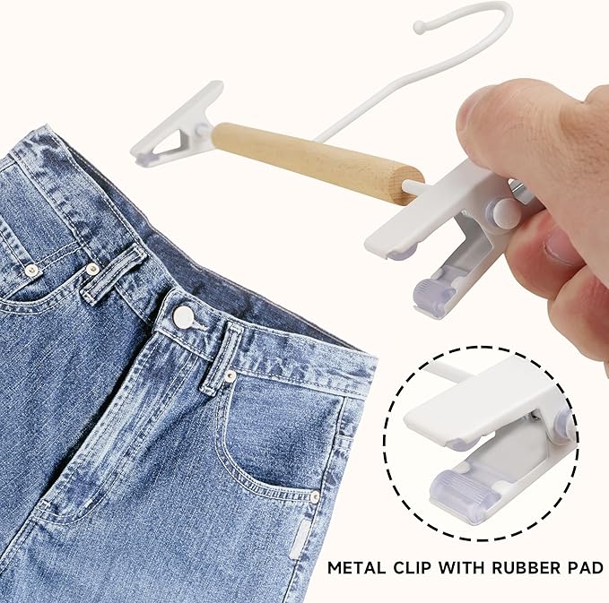 12-Pack Wire Pants Hangers with Adjustable Clips, Premium Wooden Skirt Hangers, Non-Slip Clamp Bottom Hangers for Trousers, Jeans, Shorts & Clothing Organization (White)