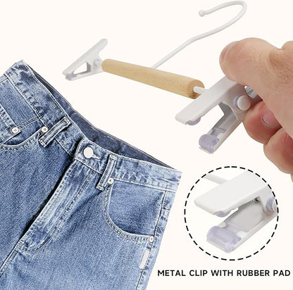 12-Pack Wire Pants Hangers with Adjustable Clips, Premium Wooden Skirt Hangers, Non-Slip Clamp Bottom Hangers for Trousers, Jeans, Shorts & Clothing Organization (White)