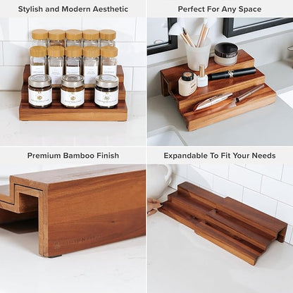KitchenEdge Expandable Spice Rack Organizer for Cabinet, 3-Tier Shelf for Spice Organization (11” to 22”), Fits 36 Spice Jars, Seasoning and Pantry Storage, Non-Slip Feet, 100% Acacia Wood