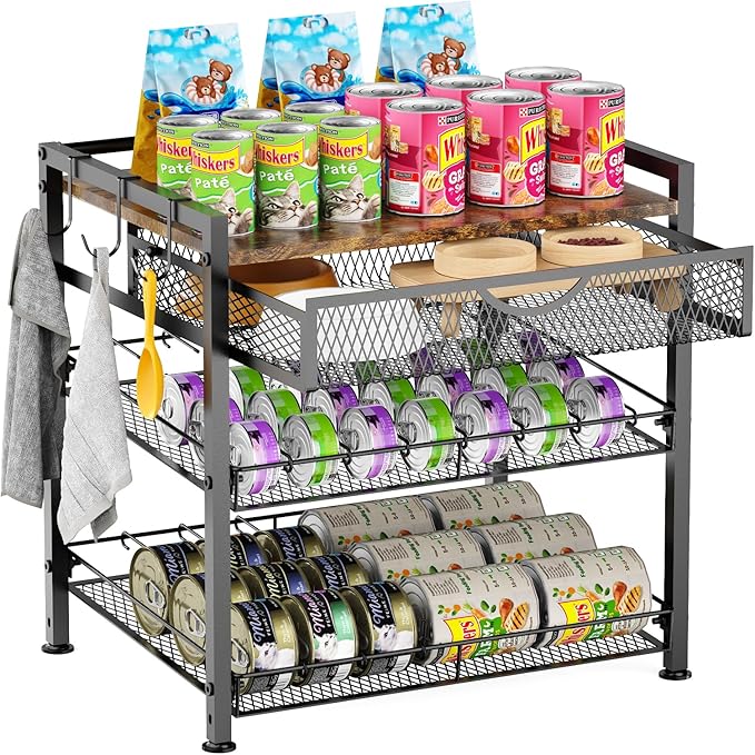 Cat Food Organizer，2 Floors Bring Drawer Storage Rack, Manually Adjust The Gap Size，Store Suitable Can Sizes Container，Automatic Slip Design，Suitable For Pet Food Canned Food Dispenser