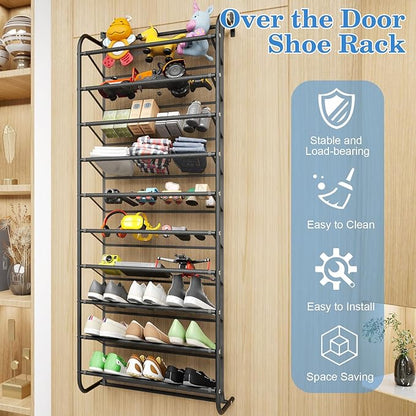 AQQHSAIN 10 Tier Over The Door Shoe Organizer Wall Shoe Shelf Shoe Holder Door Shoe Rack for Closet Pantry Hanging Shoes Clothes Toys Storage Shelves (Black)