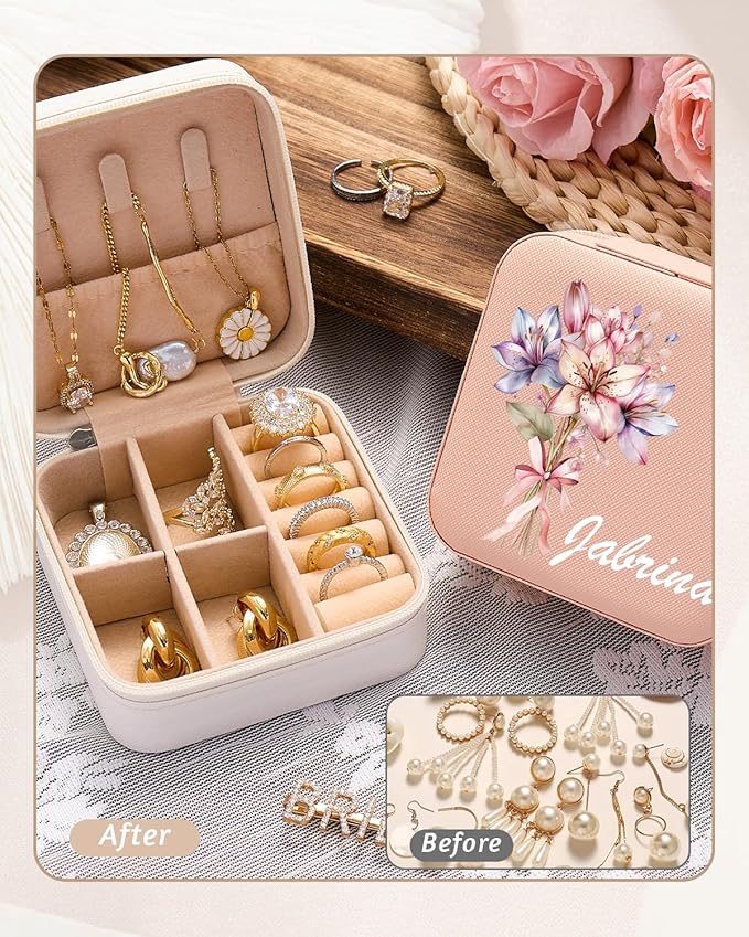 Personalized Jewelry Box for Girls Women, Custom Leather Travel Jewelry Case with Name Birth Flower, Storage Mini Organizer for Necklaces Earrings, Gifts for Wife Girlfriend Bridesmaid Wedding Mother
