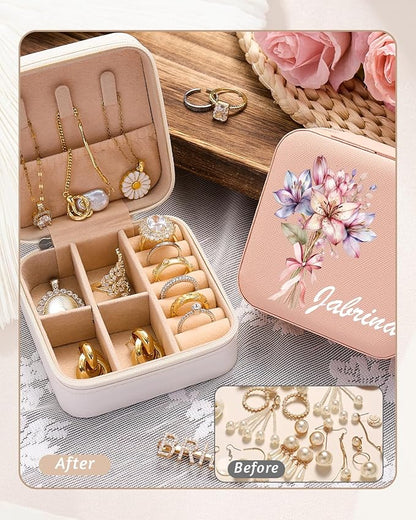 Personalized Jewelry Box for Girls Women, Custom Leather Travel Jewelry Case with Name Birth Flower, Storage Mini Organizer for Necklaces Earrings, Gifts for Wife Girlfriend Bridesmaid Wedding Mother