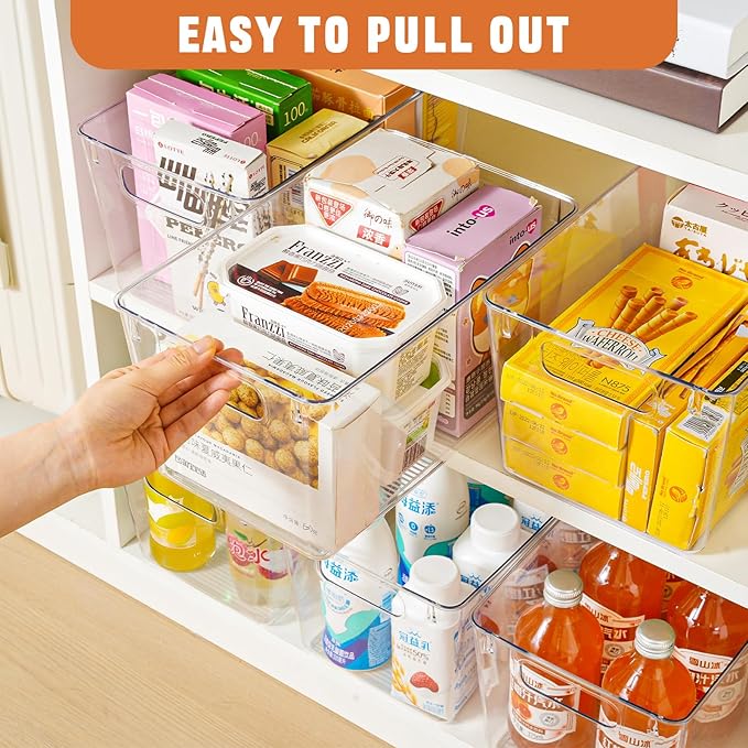 Freebat 12 Pack Large Clear Plastic Storage Bins,Plastic Containers with Handle for Pantry Organizer and Storage,Perfect for Kitchen,Fridge,Cabinet, Closet,Bathroom Under Sink Storage