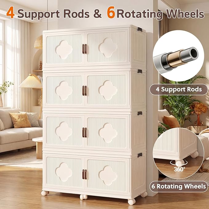 Stackable Storage Bins with Lid & Wheels, 136 Gal/544 Qt Clover Extra Large Plastic Storage Containers, Foldable Collapsible Organizer Box for Garage, Pantry, Closet (4-Pack, Cream White)
