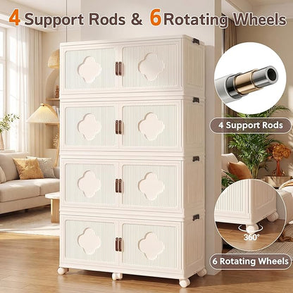 Stackable Storage Bins with Lid & Wheels, 136 Gal/544 Qt Clover Extra Large Plastic Storage Containers, Foldable Collapsible Organizer Box for Garage, Pantry, Closet (4-Pack, Cream White)