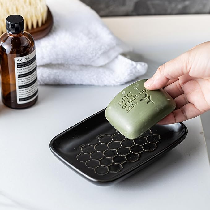 Gomakren Soap Dish for Shower, Ceramic Bar Soap Holder with Honeycomb Design - Soap Saver Tray for Bathroom Kitchen Sink, Sponge & Organizer Tray, Upscale Look, 5.5 Inch, Black