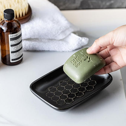 Gomakren Soap Dish for Shower, Ceramic Bar Soap Holder with Honeycomb Design - Soap Saver Tray for Bathroom Kitchen Sink, Sponge & Organizer Tray, Upscale Look, 5.5 Inch, Black