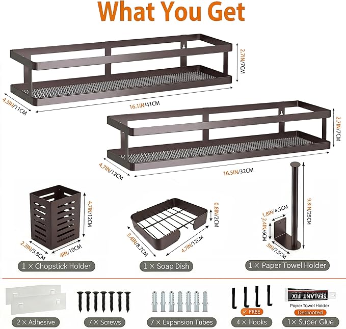 PUSDON 5-in-1 16.5" Extra Long Kitchen Organizer & Shower Caddy Set, Wall Mount Spice Rack with Paper Towel Holder, Utensil Holder & Soap Dish, Rustproof Mesh Storage Rack, Vintage Bronze, Guardrail