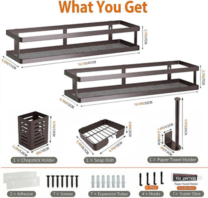 PUSDON 5-in-1 16.5" Extra Long Kitchen Organizer & Shower Caddy Set, Wall Mount Spice Rack with Paper Towel Holder, Utensil Holder & Soap Dish, Rustproof Mesh Storage Rack, Vintage Bronze, Guardrail