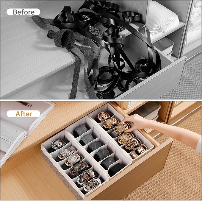 3 Packs Fabric Belt Organizer, 6 Grids Belt Organizer for Closet and Drawer, Foldable Dresser Drawer Organizers, Tie Storage -GreyWhite
