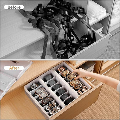 3 Packs Fabric Belt Organizer, 6 Grids Belt Organizer for Closet and Drawer, Foldable Dresser Drawer Organizers, Tie Storage -GreyWhite