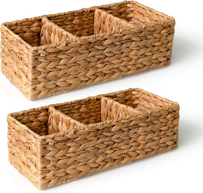 KOKODO Pack of 2 Water Hyacinth Tank Topper Storage Baskets 3 sections Woven Wicker Basket for Toilet Paper Holder, Baskets for Vanity, Bathroom, Pantry Organizing, or Coffee Table Decor