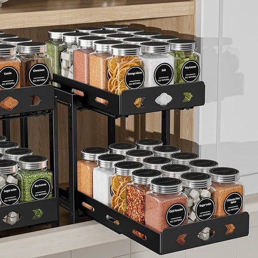 BOIVSHI Pull Out Spice Racks for Inside Cabinets, 2-Tier Cabinet Spice Rack Organizer, Height Adjustable Vertical Spice Rack for Kitchen Cabinet (7.5''Wx10.8''Dx9.2''H, Metal Black)