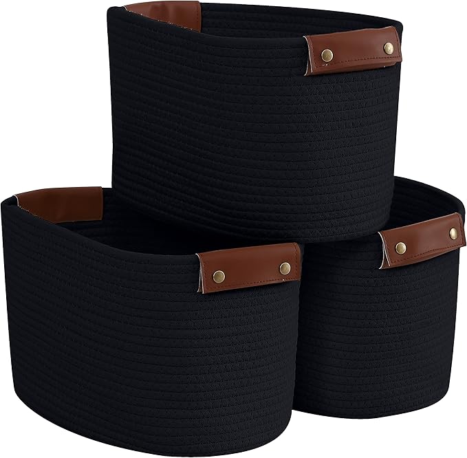 3 Pack Cotton Rope Storage Basket Woven Shelf Storage Bin with Faux Leather Handles, Decorative Closet Shelf Woven Basket for Storage Organizers, 15 x 10 x 9, Black