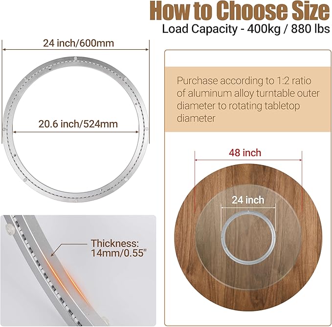 24 Inch Lazy Susan Bearing Heavy-Duty Aluminium Alloy Turntable Bearing, Mute Turntable Ball Bearing, Lazy Susan Hardware for Dining and DIY Dotating Furniture (Capacity up to 880lb)