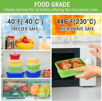 Yaomiao 16 Pack Collapsible Food Storage Containers with Lid Foldable 8 Pcs Rectangle Storage Bowl and 8 Pcs Round Silicone Food Bow for Lunch Camping Rv Accessories Microwave Freezer(Bright Colors)