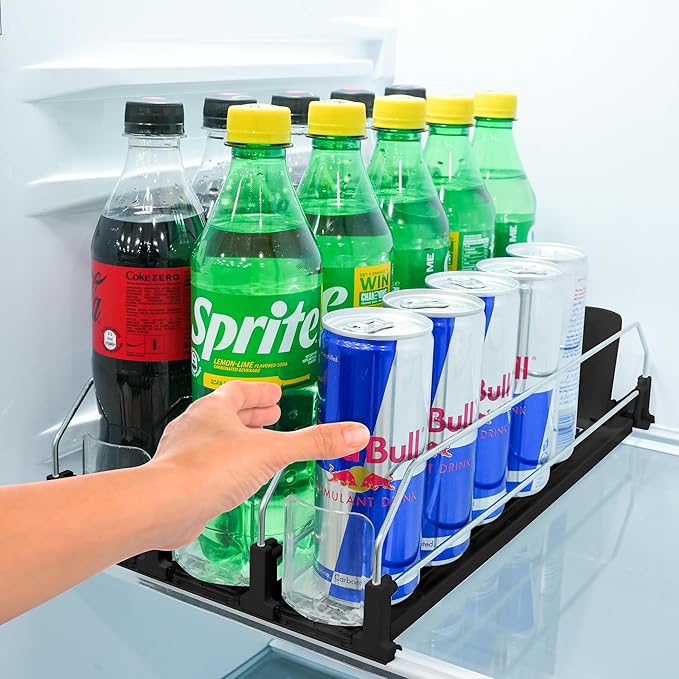 Drink Fridge Organizer, Upgraded Design of Soda Organizer for Refrigerator with Larger Stopper Height. Width Adjustable Automatic Drink Dispenser with Lock Hold 15 Cans (3 Rows, Black)