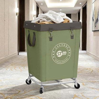 STORAGE MANIAC Commercial Laundry Hamper with Heavy Duty Steel Frame, 160 L Industrial Laundry Basket Cart with Wheels for Hotel, Home, Laundry Room, 18''L x 18''W x 31''H, Medium Green