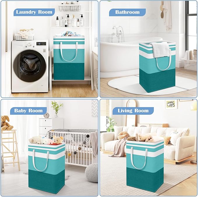 BlissTotes 3-Pack Laundry Basket, Freestanding＆Waterproof Laundry Hamper, Collapsible Tall Clothes Hamper with Easy Carry Handles for Clothes, Towels in the Family and Dorm,Gradient Green,100L