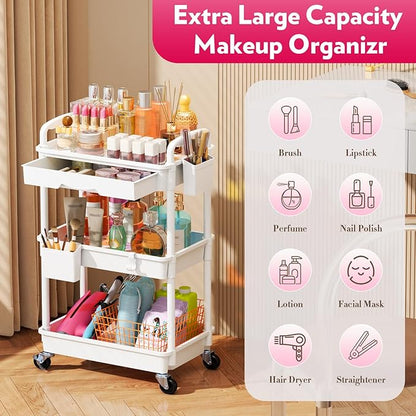 SUNALLY Makeup Cart Organizer with Drawers, Floor Skincare Organizers Vanity Storage Organizer, Rolling Makeup Bathroom Storage Cart Cosmetics Display Cases for Skin Care Perfume Nail Polish, White