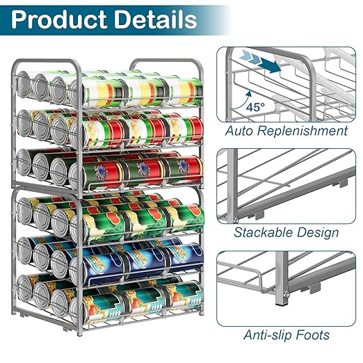 Stackable Can Organizer for Pantry Organizers and Storage 2 Pack Adjustable Can Holders for Pantry Holds Up to 72 Cans with Metal Rack Dispenser for Kitchen Canned Foods and Drinks, 3 Tier, Silver