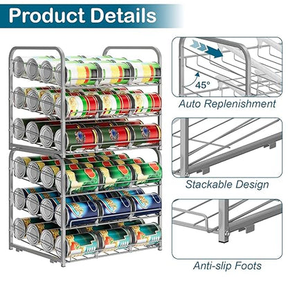 Stackable Can Organizer for Pantry Organizers and Storage 2 Pack Adjustable Can Holders for Pantry Holds Up to 72 Cans with Metal Rack Dispenser for Kitchen Canned Foods and Drinks, 3 Tier, Silver