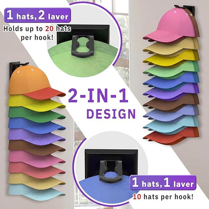 Hat Organizer for Baseball Caps, 2 Pack Hat Rack for Wall, Hold Up to 40 Hats, Space Saving Hat Hanger, Strong Adhesive Hat Storage Display Holder, Organizer Gifts for Closet Door and Wall, Black