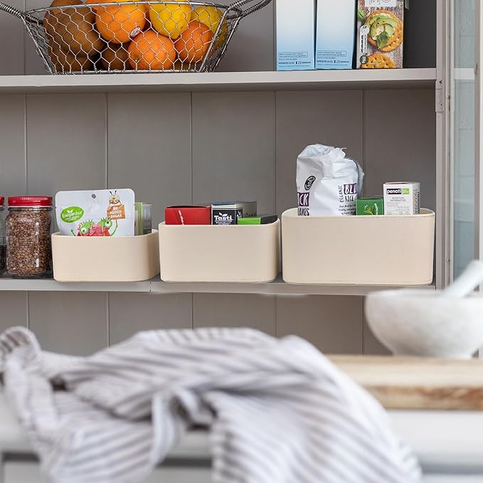 HofferRuffer Faux Leather Storage Baskets Bins with Velvet Lining for Organizing, Storage, Gifts, Set of 3 Nesting Shelf Baskets Decorative Storage Boxes for Home Organization (Cream White)