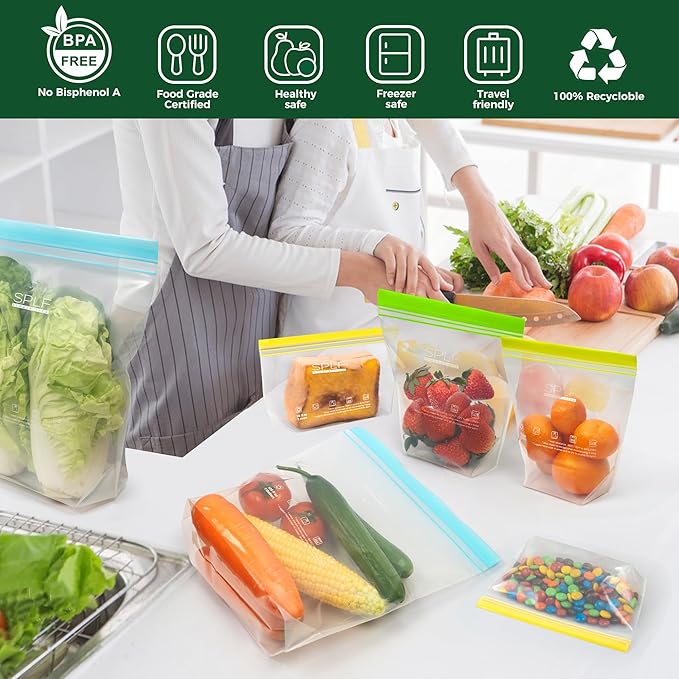 SPLF 20 Pack Reusable Half Gallon Freezer Bags Dishwasher Microwave Safe, 1/2 Gallon BPA Free Leakproof Food Storage Bags, Silicone Free Containers for Meal Prep, Fridge Kitchen Organization