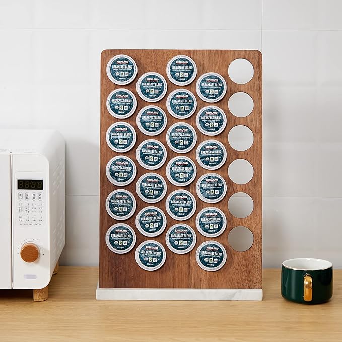 Coffee Pod Holder K Cup Organizer - Acacia Wood Storage Rack with Weighted White Marble Base - 30+ Pod Capacity Countertop Stand - Modern Kitchen Storage Organizer