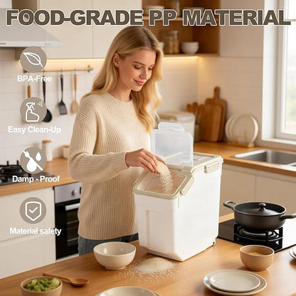 RUIAN 2Pcs Large Flour Storage Container Bin 25Lb Airtight Rice Storage Containers with Wheels Seal Locking Lid, BPA Free with Measuring Cup&Scoop for Flour, Rice, Grain 50LB Total (Gray)