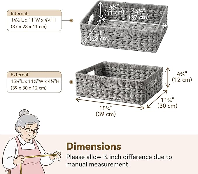 GRANNY SAYS Wicker Storage Baskets for Shelves, Wicker Basket for Organizing, Rectangle Basket, Woven Baskets for Pantry Storage, Gray, 1-Pack