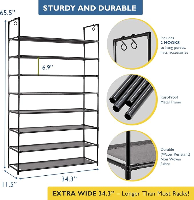 Sundaze Shoe Rack - 8 Tier Shoe Rack for Front Door Entrance, Sturdy Tall Shoe Organizer for Closet, Bedroom, Entryway, Garage, Non Woven Fabric Shelf, Black, Holds Up to 40 Pairs