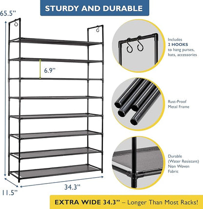 Sundaze Shoe Rack - 8 Tier Shoe Rack for Front Door Entrance, Sturdy Tall Shoe Organizer for Closet, Bedroom, Entryway, Garage, Non Woven Fabric Shelf, Black, Holds Up to 40 Pairs