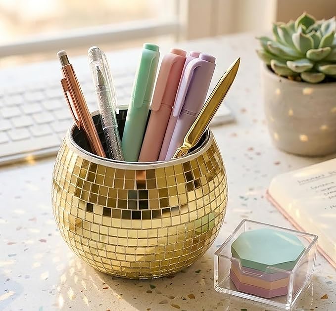 Glass Disco Ball Pen Holder with Smooth Grouting - Premium Mirror Mosaic Pencil Cup for Desk, Cute Makeup Brush Holder, Aesthetic Room Decor Gift (gold)