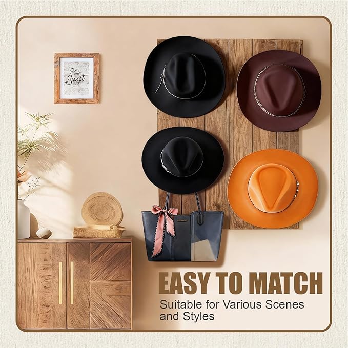 Cowboy Hat Holder, 4 Pack Cowboy Hat Rack for Wall, Metal Hat Hanger for Wall, Cowboy Hat Holder for Fedora, Sun Hats, Wide Brim, Hat Organizer Hooks Storage for Home, Black