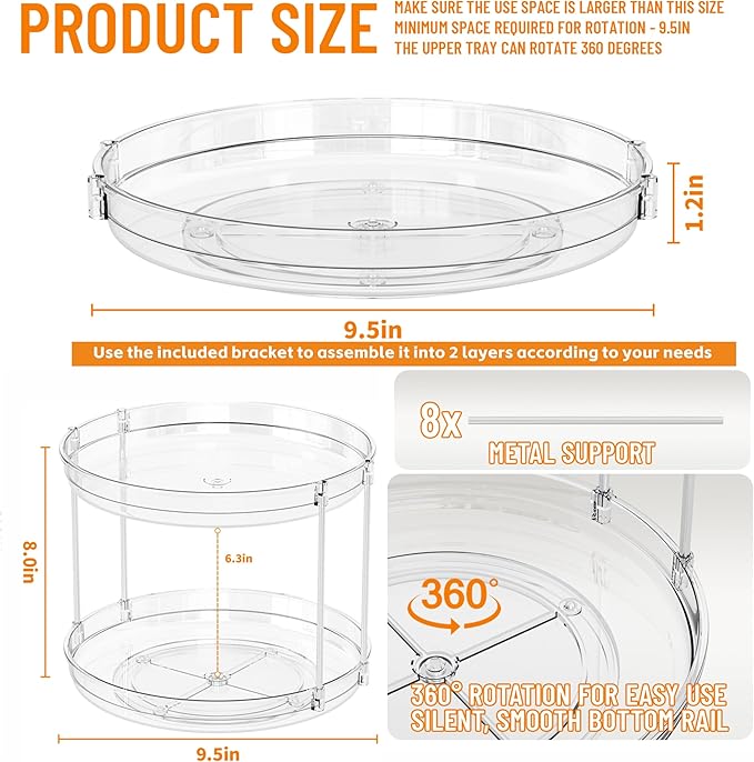 4 Pack Rotating Small Lazy Susan Turntable Organizer for Cabinet,9.5 Inch Clear Acrylic Spice Rack,Turn Table Organizers for Refrigerator,Kitchen,Pantry and Vanity Makeup,Bathroom Countertop Organizer