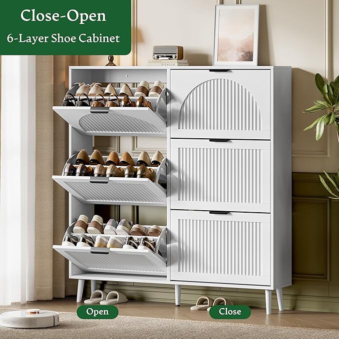Xixini Shoe Storage Cabinet with 6 Flip Drawers, 50" Tall Narrow Wood Fluted Shoe Organizer for Entryway, Freestanding Wooden Hidden Slim Shoe Rack for Front Door Entrance, Hallway, Foyer, Solid White