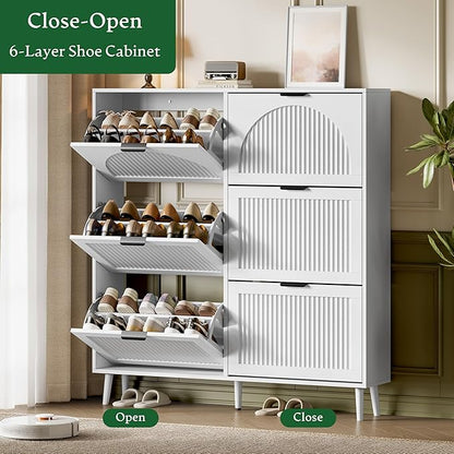 Xixini Shoe Storage Cabinet with 6 Flip Drawers, 50" Tall Narrow Wood Fluted Shoe Organizer for Entryway, Freestanding Wooden Hidden Slim Shoe Rack for Front Door Entrance, Hallway, Foyer, Solid White