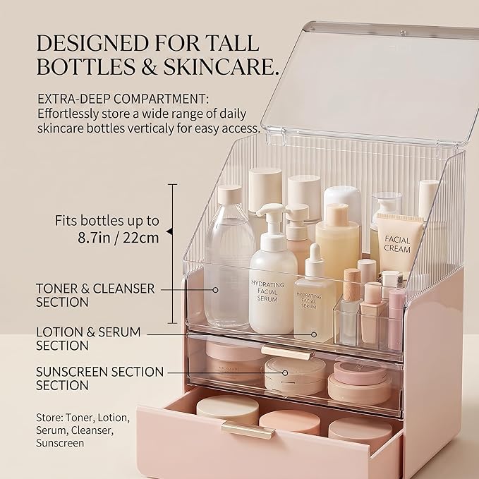 Large Cosmetic Organizer Skincare Holder Bathroom Counter Organizer Fully Transparent Storage Box Dustproof Waterproof Cosmetics Display Case with Drawers for Skincare Lipstick Brushes (Pink)