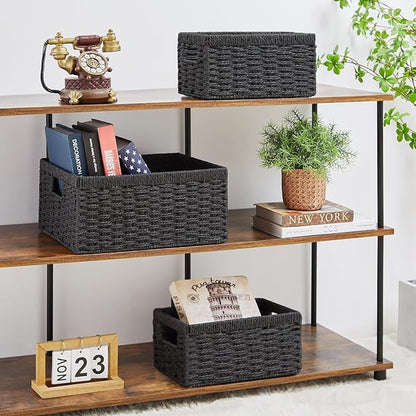 Vagusicc Wicker Storage Basket, Set of 3 Wicker Basket, Hand-Woven Paper Rope Storage Baskets for Organizing, Large Cube Storage Organizer Bins Baskets for Shelves Small Toilet Paper Baskets, Black