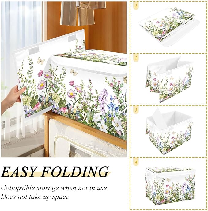 senya Spring Storage Baskets Collapsible Storage Bins with Lids, Spring Wild Flowers Butterfly Storage Boxes Clothes Baskets for Organizing