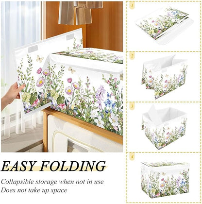 senya Spring Storage Baskets Collapsible Storage Bins with Lids, Spring Wild Flowers Butterfly Storage Boxes Clothes Baskets for Organizing
